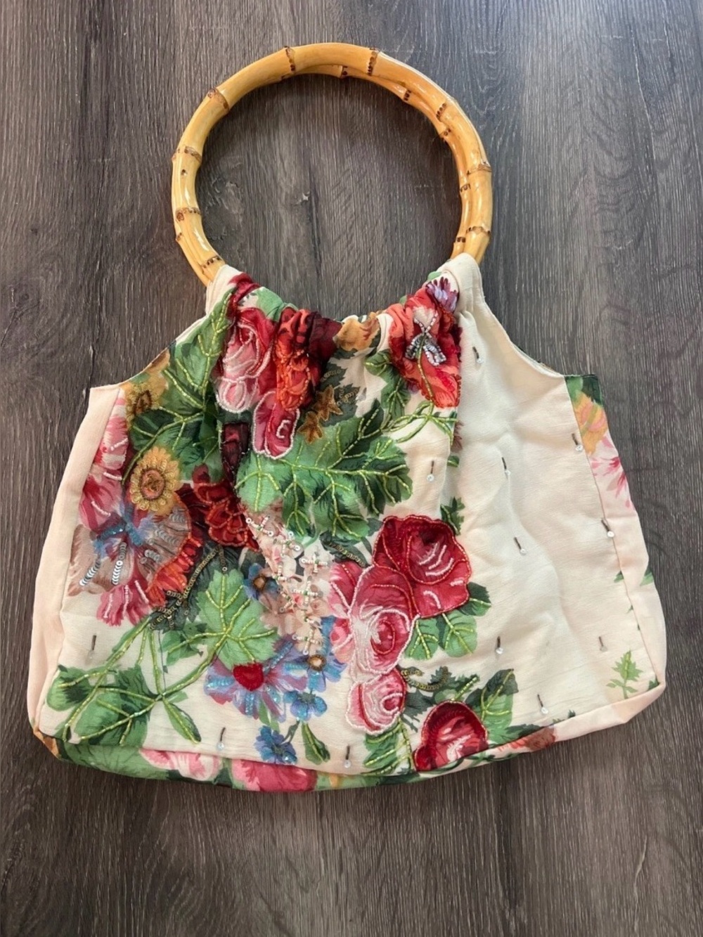 Vintage Y2K Christiana Beaded Floral Cream Bamboo Handle Bag